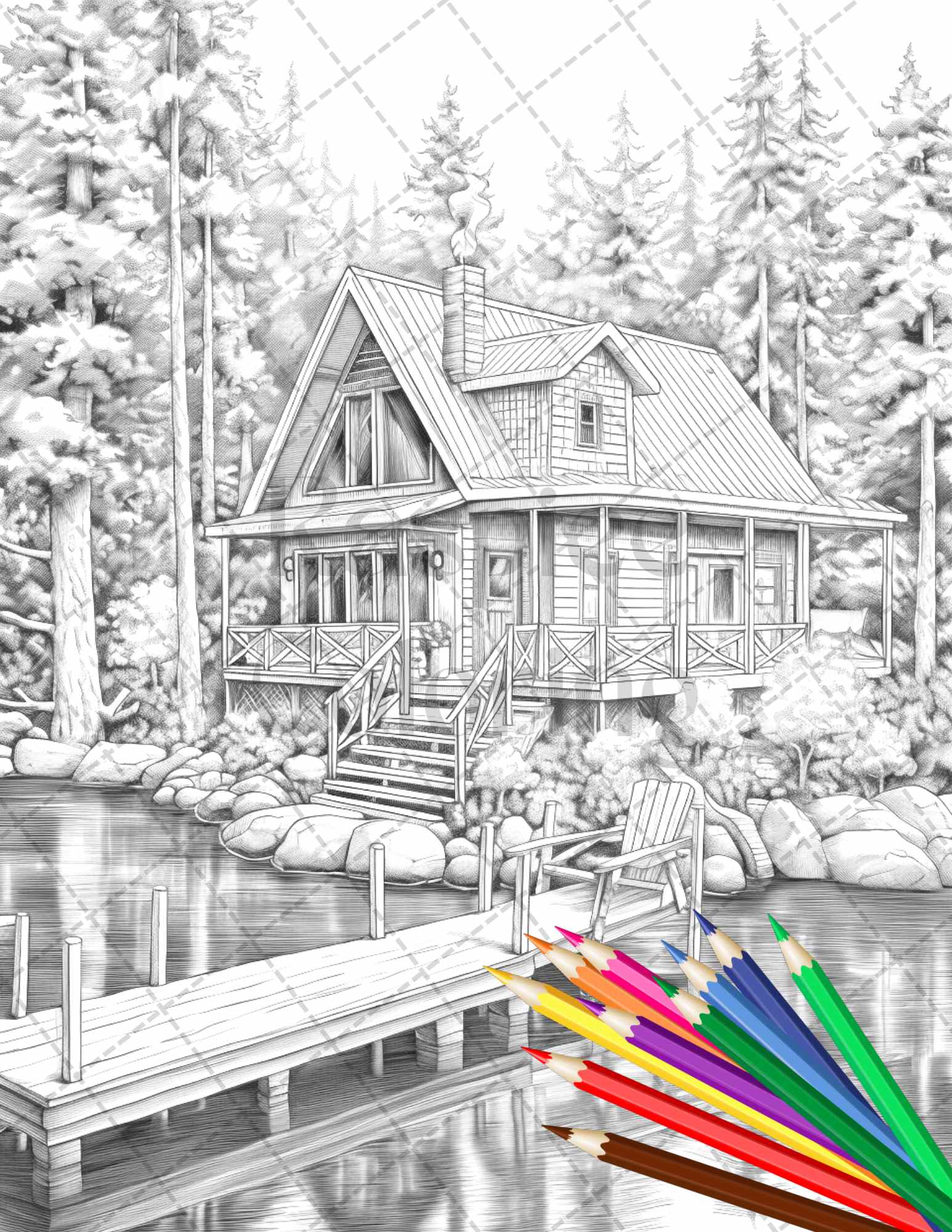Lake cabin scenery grayscale coloring pages printable for adults pdf â coloring
