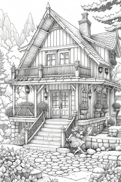 Coloring book mountains detailed panoramic environment celtic elfic house woods trees