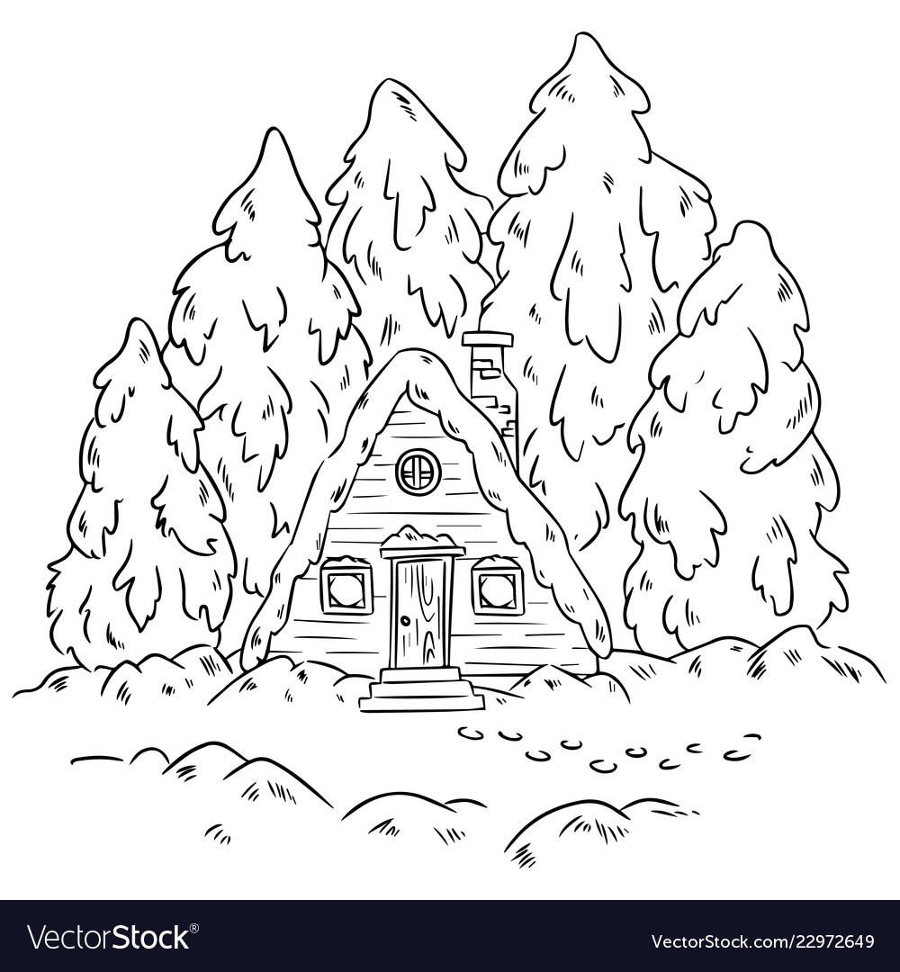 Winter cabin log scene for coloring hand vector image