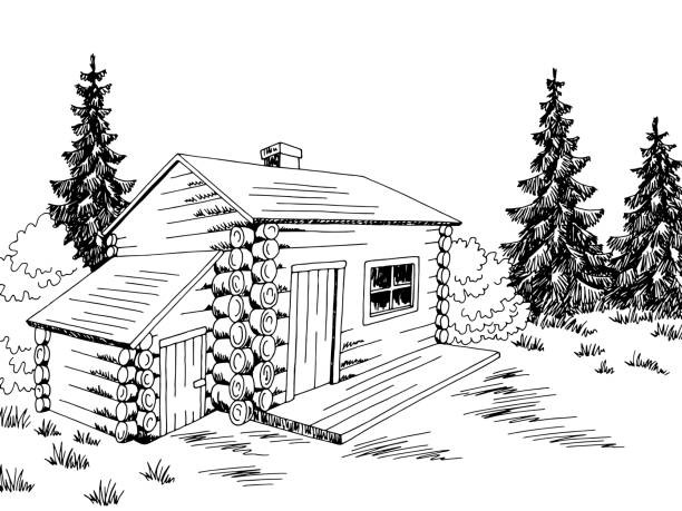 Wood cabin house graphic black white landscape sketch illustration vector stock illustration