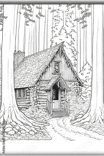 Small house in forest illustration colouring book page adult coloring pages kid colouring pages illustration