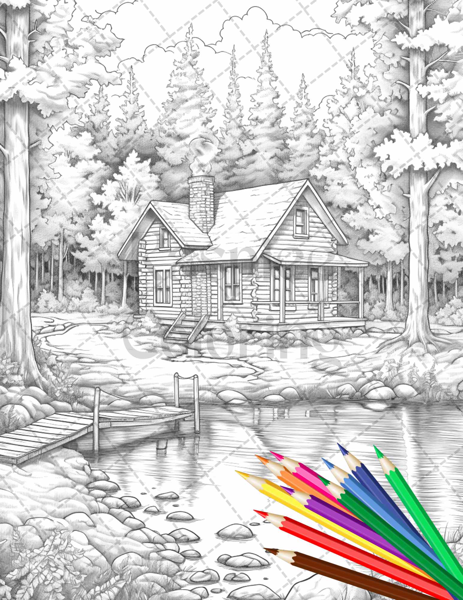 Lake cabin scenery grayscale coloring pages printable for adults pdf â coloring