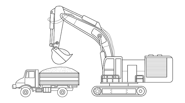 Premium vector hand drawn color children construction medium size excavator with dump truck