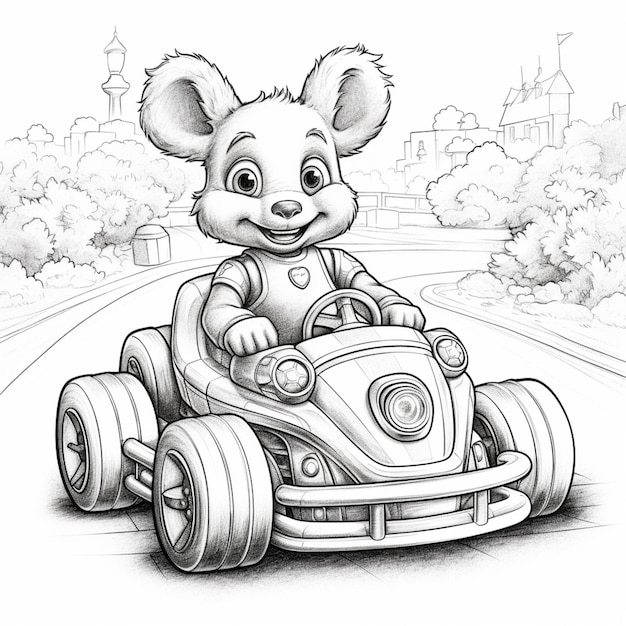 Premium ai image coloring pages of a mouse driving a car with a mouse on it generative ai
