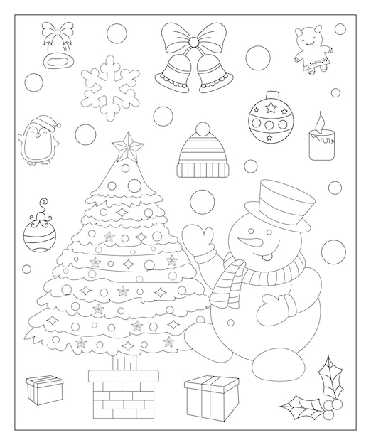 Premium vector coloring page of a decorated christmas tree with gifts vector black and white illustration on white