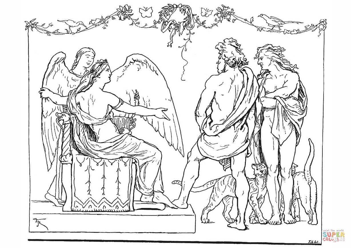 Freyja with servant and feather cloak and thor and loki coloring page free printable coloring pages