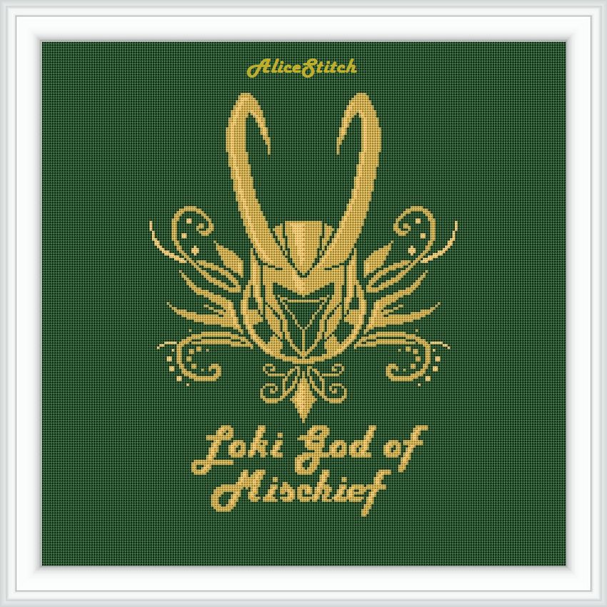 Cross stitch pattern loki god mischief silhouette superhero