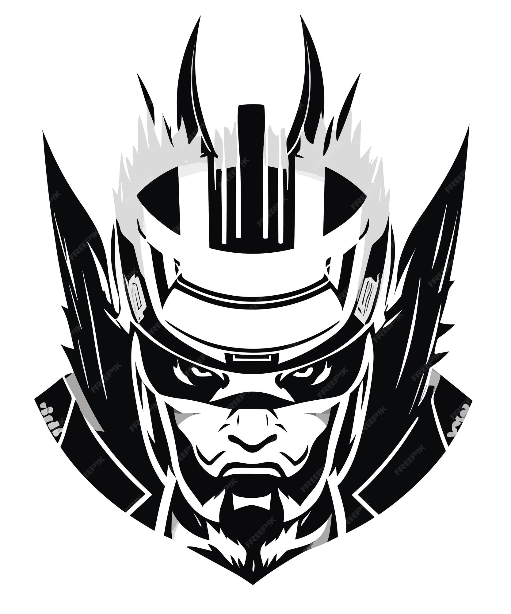 Premium vector a black and white image of a warrior with a helmet and the word samurai on it