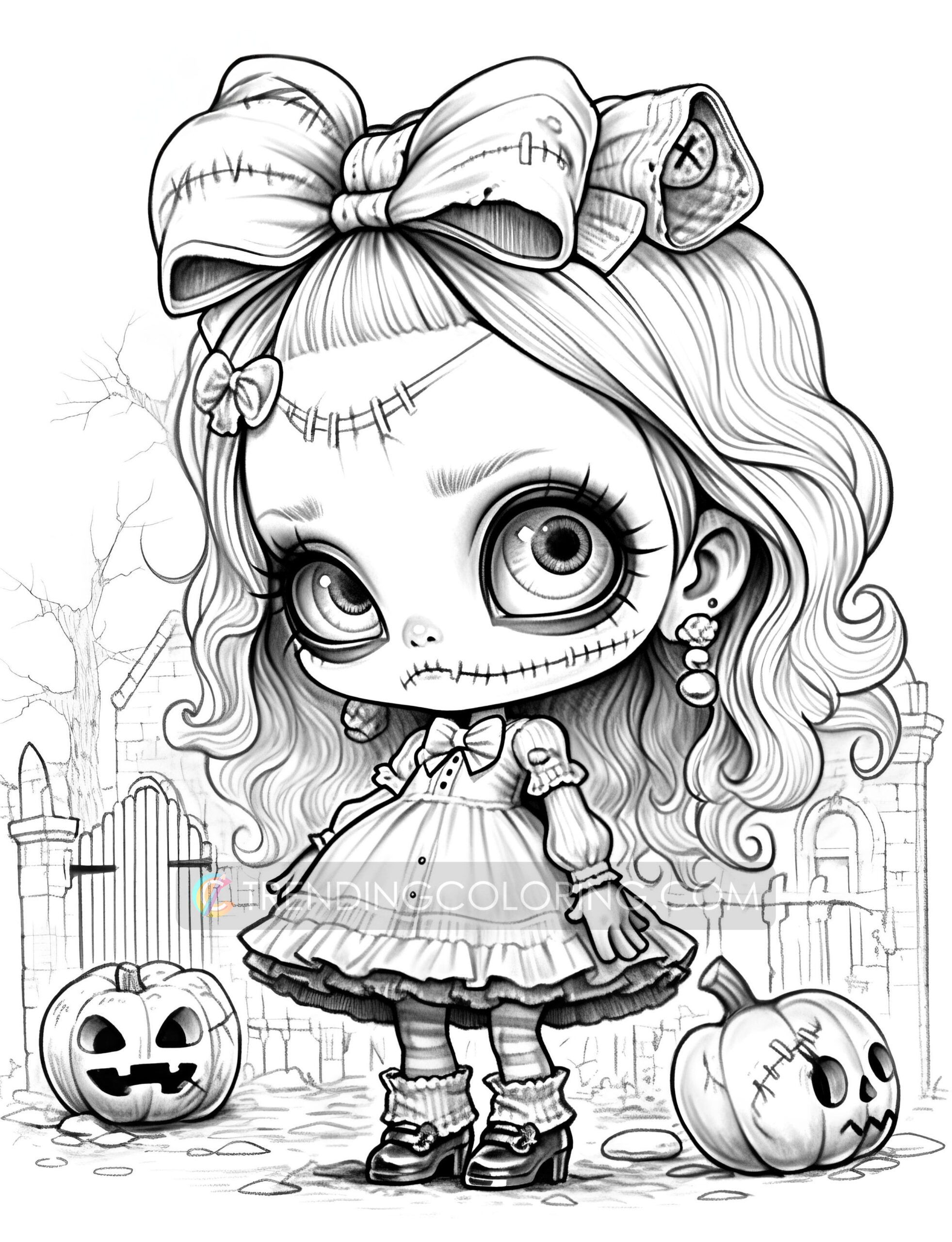 Kawaii creepy doll grayscale coloring pages