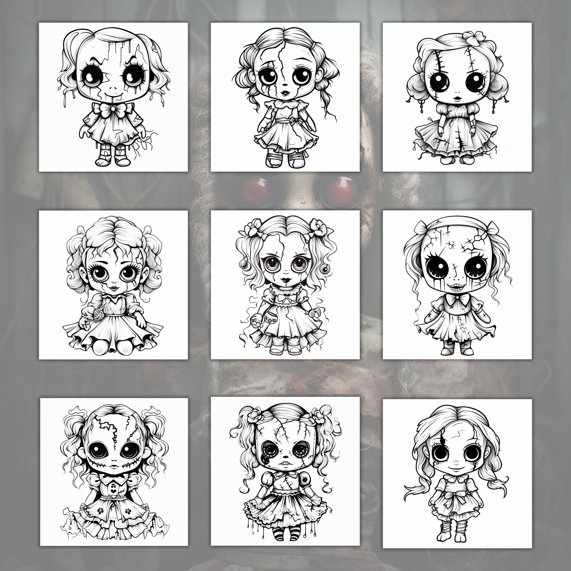 Creepy doll coloring pages kawaii coloring book for kids and adult digital download printable