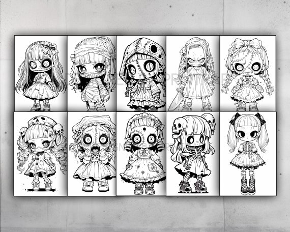 Anime chibi horror girls coloring book page manga fantasy chibi coloring pages for adults instant download printable pdf download now