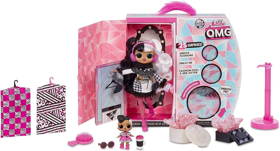 Lol surprise omg winter disco series with exclusive dollie fashion doll and surprises including her little sister dollface fashions shoes purse fur shawl ear muffs and more kids ages