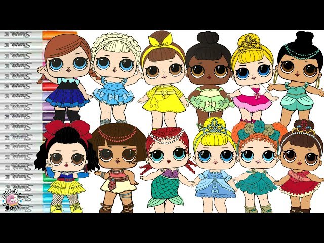 Lol surprise dolls repainted as disney princesses coloring book pilation ariel tiana belle merida