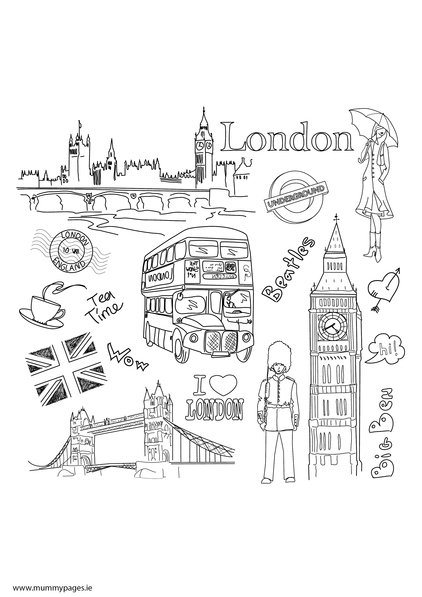 Travel doodles london colouring page