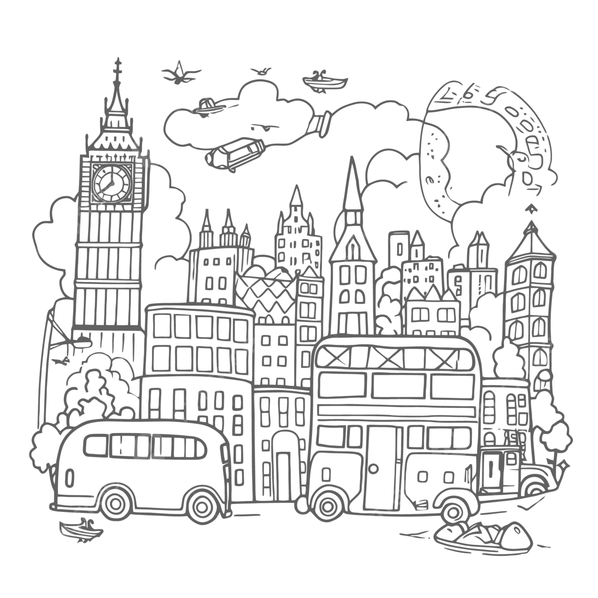 Coloring page of london streets with buses and buses flying and buildings outline sketch drawing vector tree drawing wing drawing bus drawing png and vector with transparent background for free download