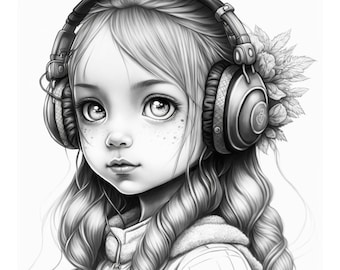 Music anime girl coloring page printable adult coloring pages book download lightdark greyscale illustration