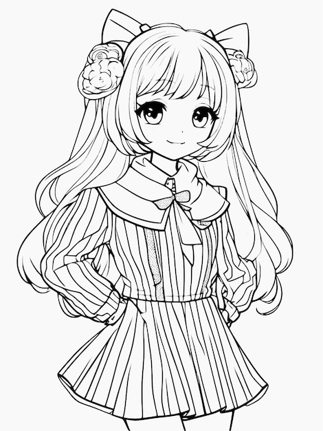 Premium vector a girl in a dress with long hair and a bow