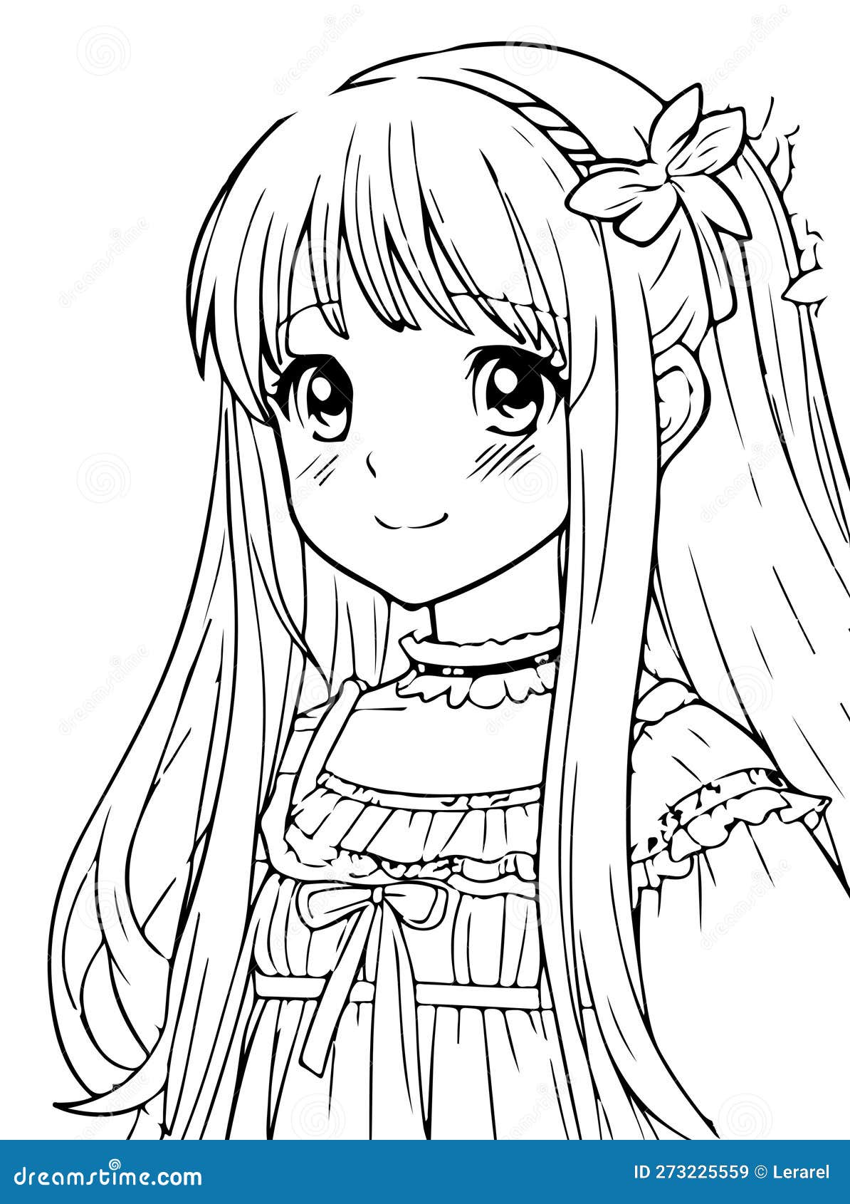 Young girl a flower in long hair and a ruffled dress vector coloring page with cute cartoon anime girl line art stock vector