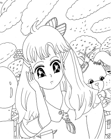 Bright sweet long haired anime girl with cartoon bunny rabbit surprised childrens coloring page illustration stock illustration
