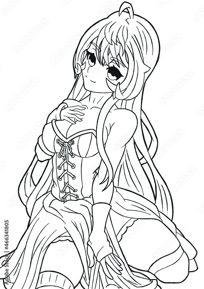 Sexy manga anime girl with big breasts and long hair in a corset sitting the picture is made with lines vector