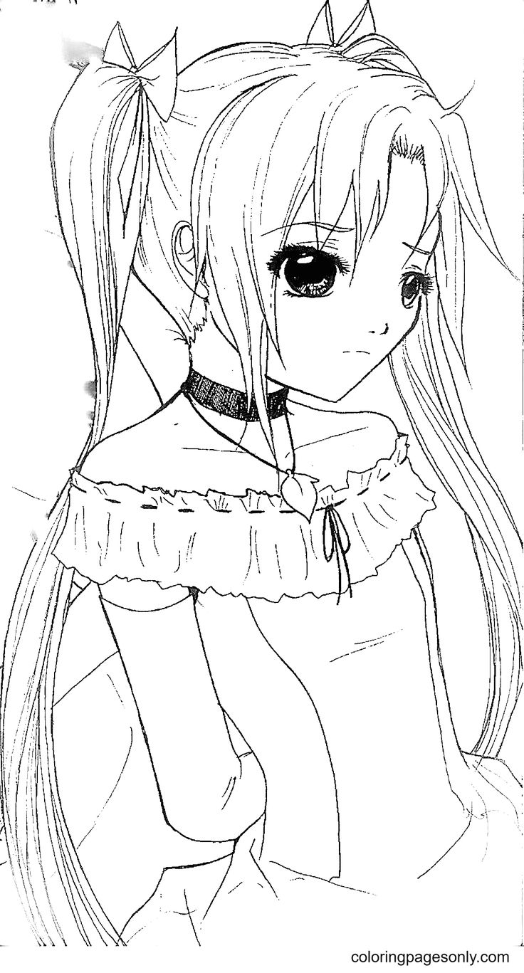 Long hair anime girl coloring page page for kids and adults