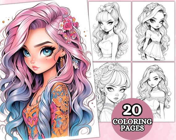 Cute anime girls coloring pages for adults grayscale coloring pages fantasy anime coloring book printable pdf coloring sheets digital