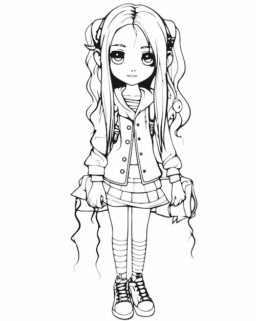 Premium vector a girl with long hair and a jacket is standing in the coloring page