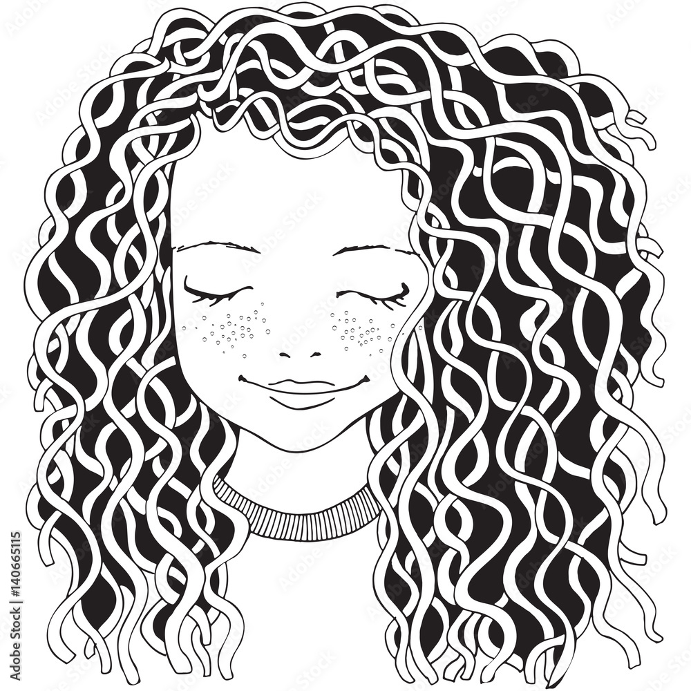 Cute girl coloring book page for adult hand drawn baby girl with long curly hair and flowers black and white spring flowers line art vector