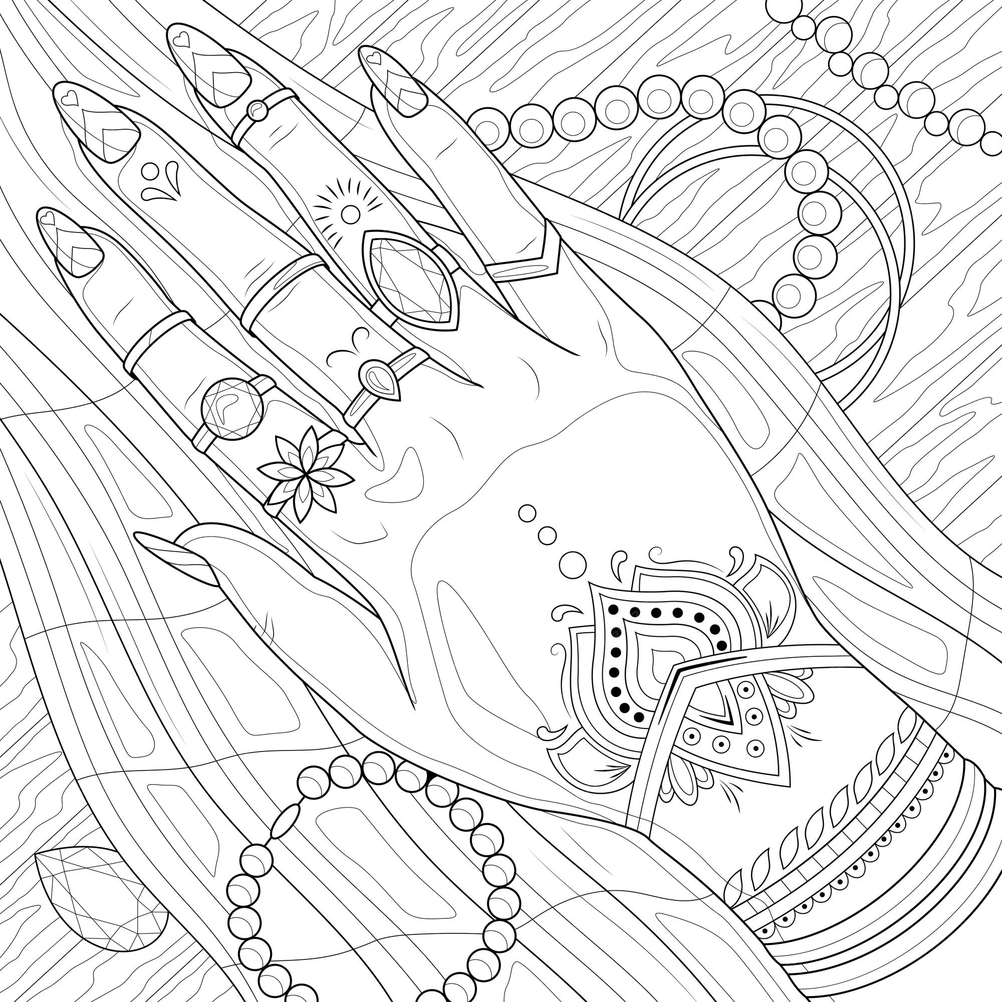 Premium vector indian womans hand with jewelrycoloring book antistress for children and adults illustration isolated on white backgroundzen