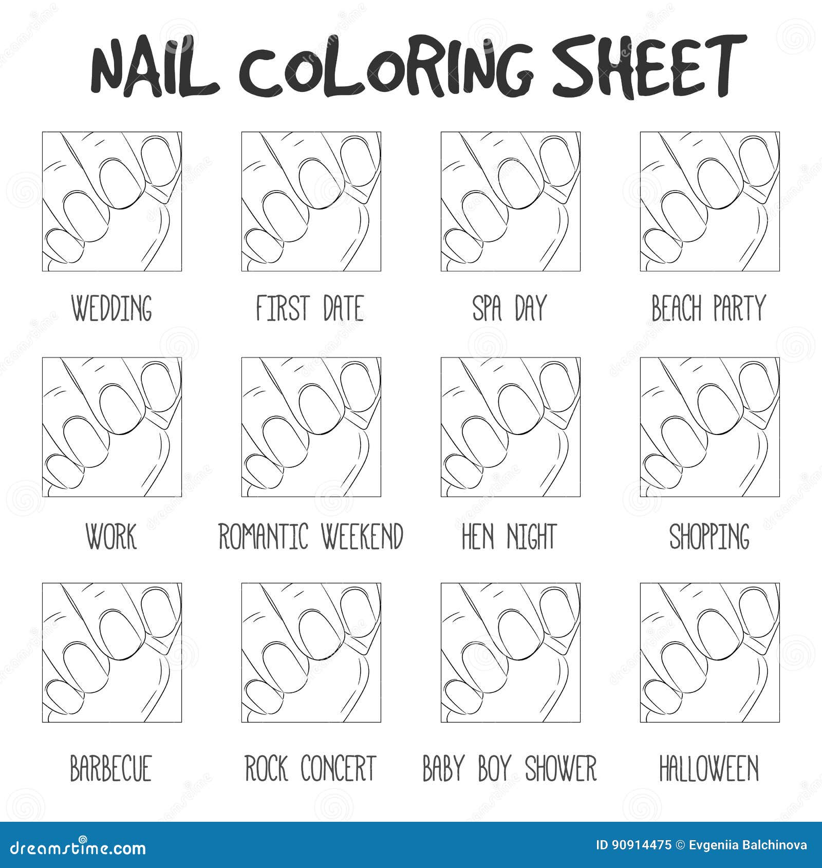 Manicure options coloring sheet black and white color styles f stock illustration