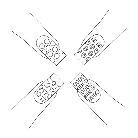 Fingernails with a pattern designs last phalanx of multiple index fingers showing a long nails with a designs that includes stars circles flowers and head bows