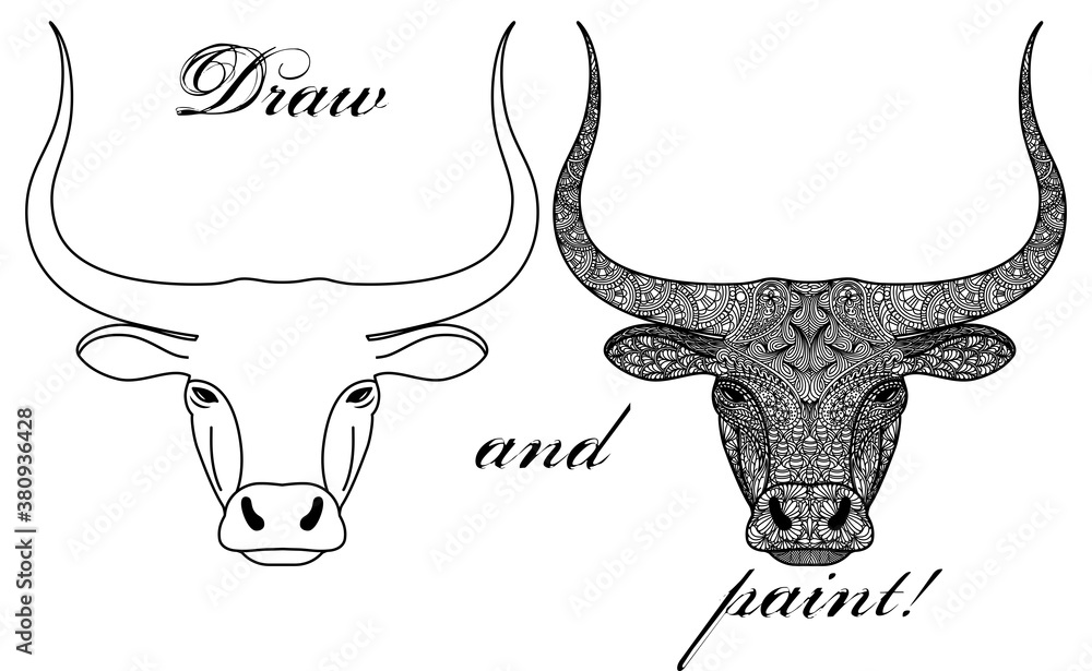 Coloring book page with patterned head of a bull or ox isolated on white background decoration for printing on fabric meditation and antistress in drawing and coloring vector