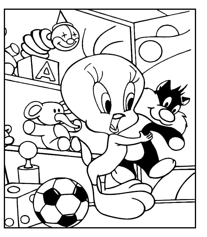 Tweety bird and toys coloring page