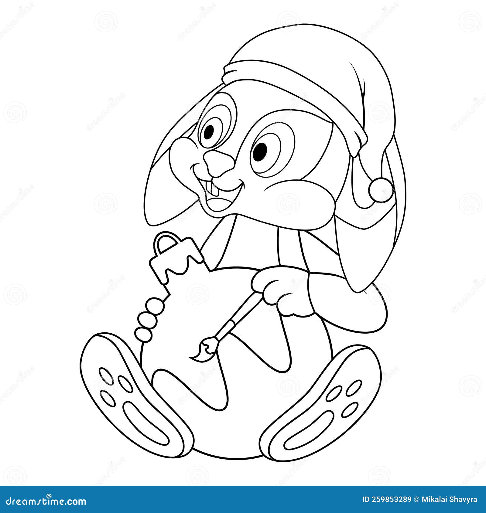 Colorless cartoon rabbit in santa hat painting brush christmas ball black and white template page for coloring book with hare stock vector
