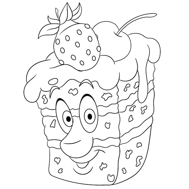Premium vector cute piece of cake with fruits cartoon funny food emoji face kids coloring page