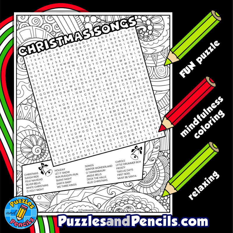Christmas songs word search puzzle activity page with coloring holiday songs made by teachers