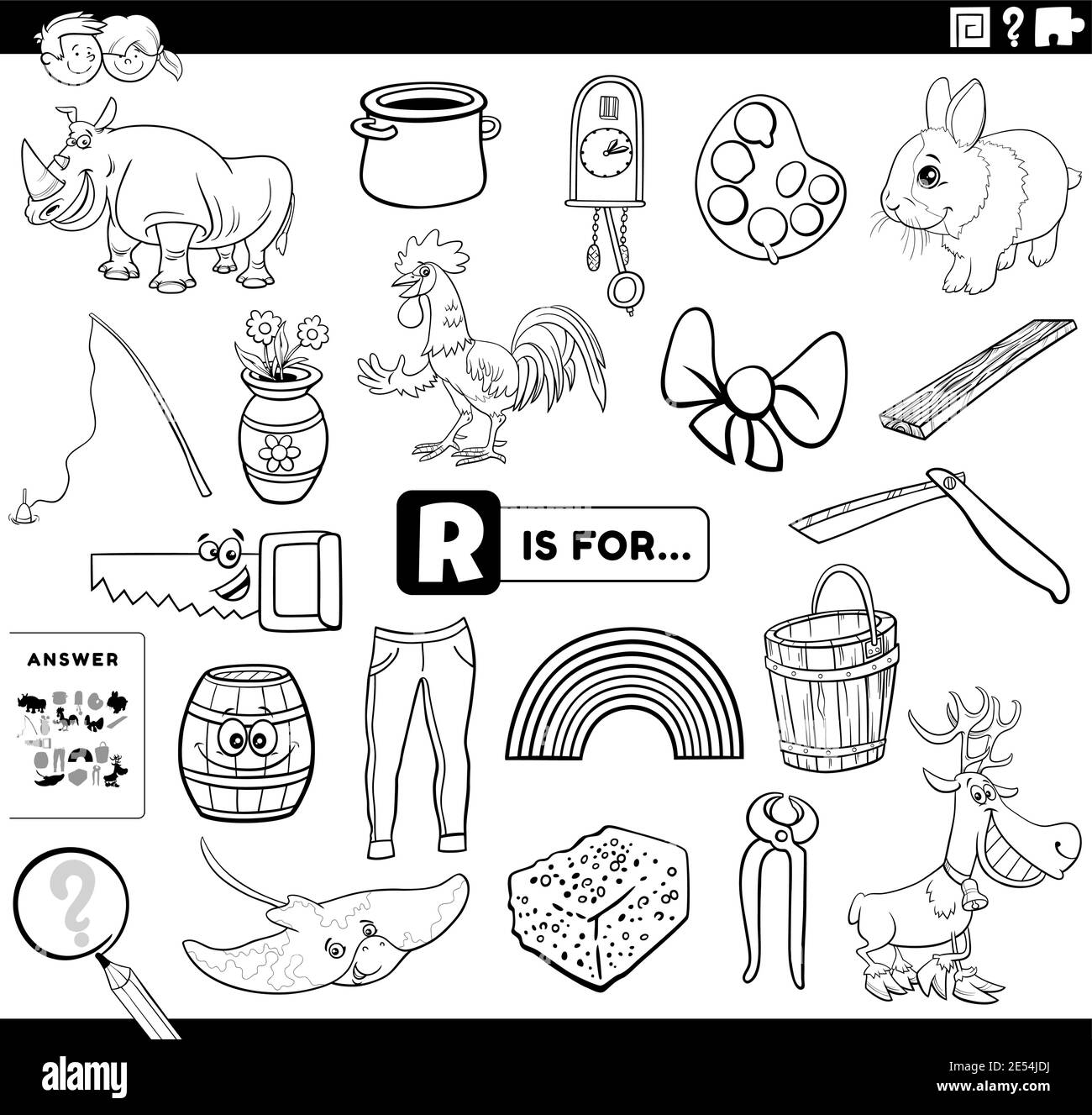 Dibujo de dibujos animados en blanco y negro de encontrar imãgen a partir de hoja de trabajo de tareas educativas de la letra r para niãos con objetos y cãmic imagen vector