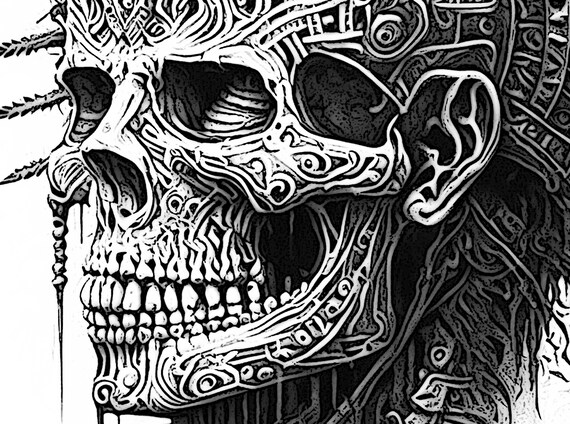 Highly detailed aztec temple skull coloring page adult coloring of skull of a mexica warrior chicano culture instant digital download