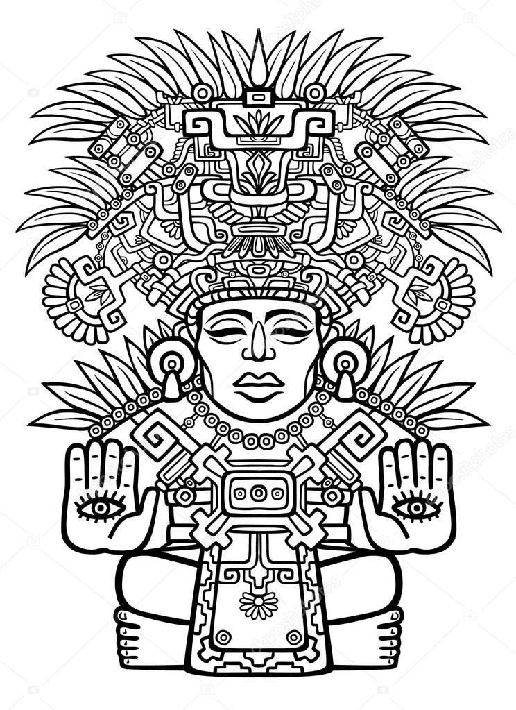 Linear drawing decorative image of an indian deity motives of art of indians maya the isolated black silhouette on a white background vector illustration be used for coloring book stock vector by