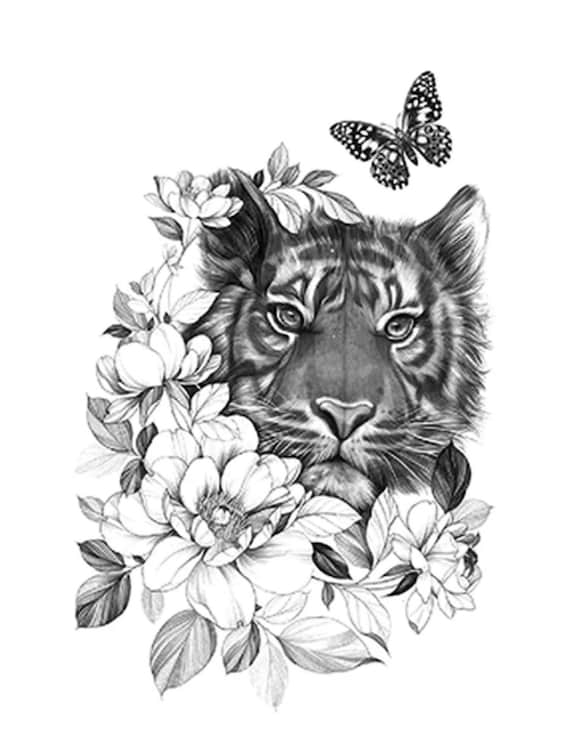 Temporary floral tiger tattoo with butterfly tattoos for women men unisex trendy tattoos animal tattoos tattoo art festival tattoo