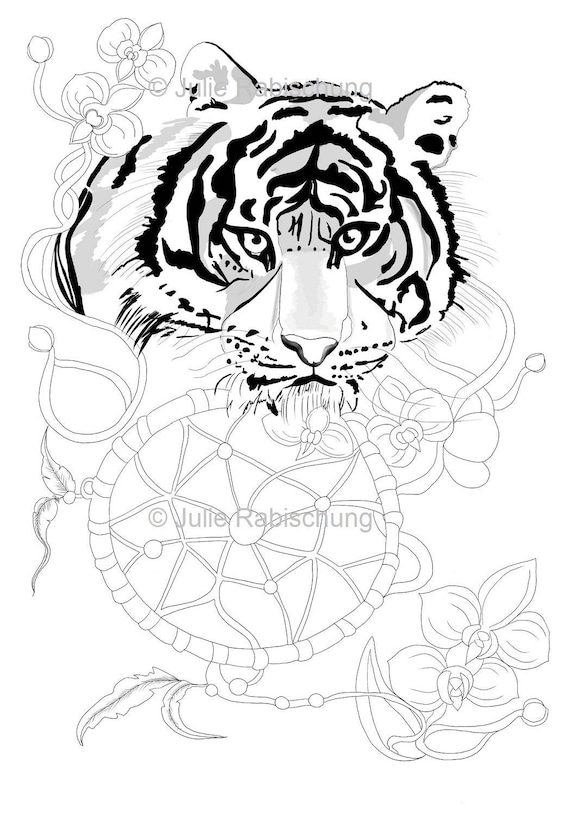 Pãgina para colorear tigre pãgina para colorear atrapasueãos diseão de tatuaje imprimible pãgina para colorear tigre imprimible libro para colorear para adultos suministro para colorear