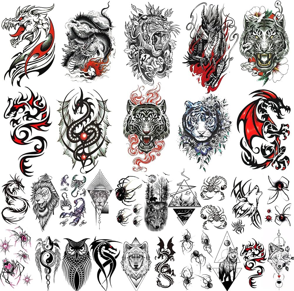 Hojas de tatuajes temporales grandes de tigre dragãn manos y rostro para hombres y mujeres diseão de araãa escorpiãn dragãn de larga duraciãn belleza y cuidado personal