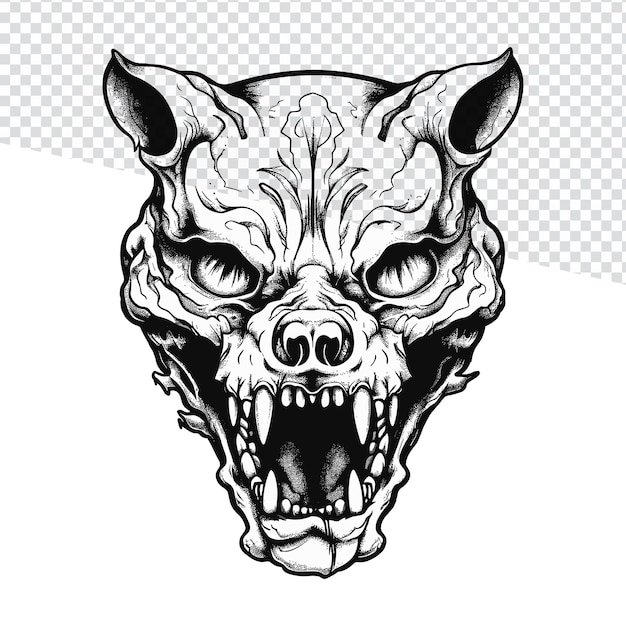 Diseão de quema de crãneo de cabeza de tigre zombi blanco y negro para tatuaj flash y pãginas para colorear vector premium