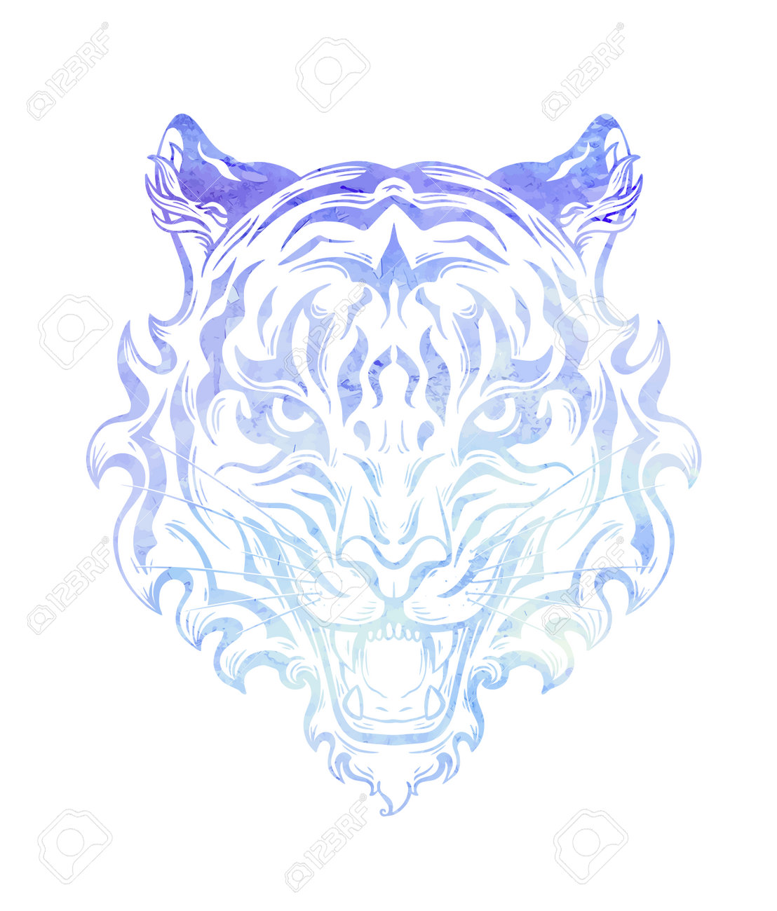 Silueta de acuarela vectorial de cabeza de tigre enojado tatuaje de contorno de color de rugido formidable depredador sãmbolo de tracerãa del aão nuevo oriental ilustracion svg vectorial clip art vectorizado libre