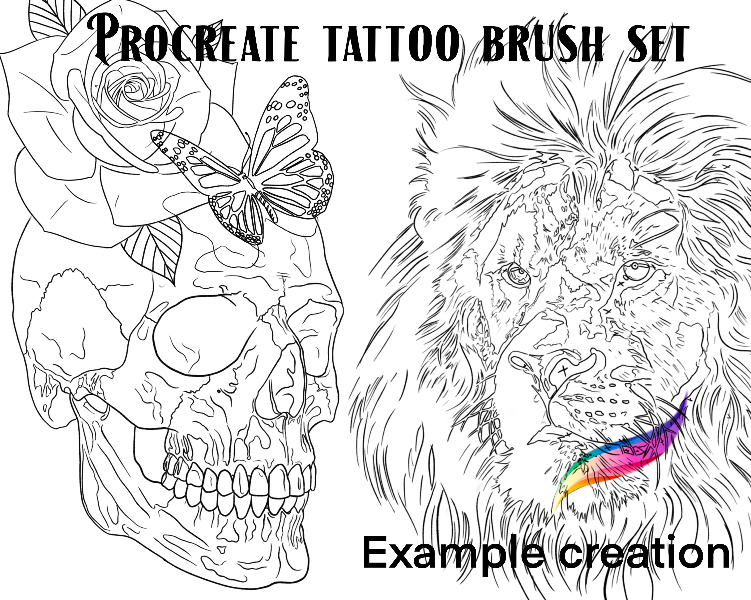 Conjunto de pinceles y sellos para tatuajes procreate que abarcan una amplia gama diseãos de leones calaveras rosas palomas y ojos