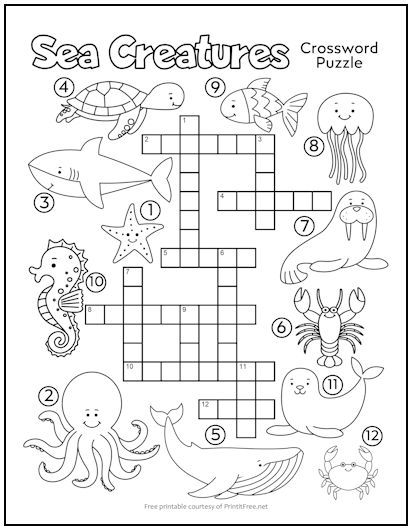 Sea creatures crossword puzzle for kids print it free kids crossword puzzles word puzzles for kids puzzles for kids