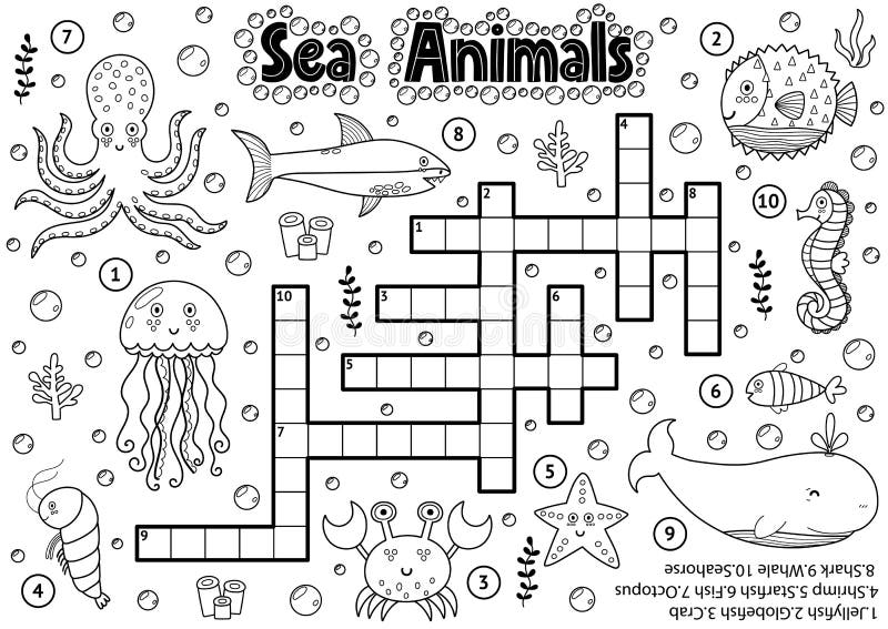 Black and white crossword with sea animals for coloring stock vector