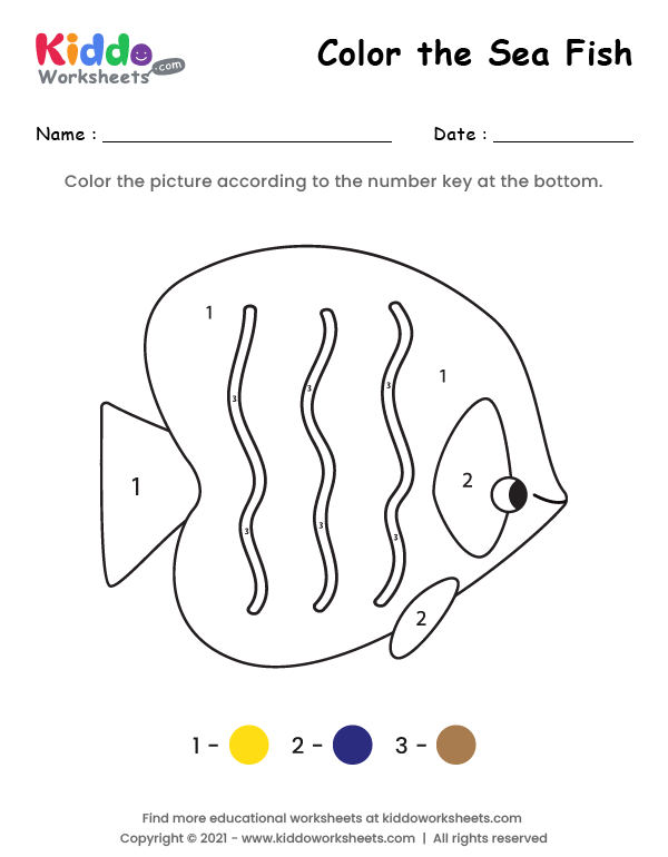 Free printable color the sea fish worksheet
