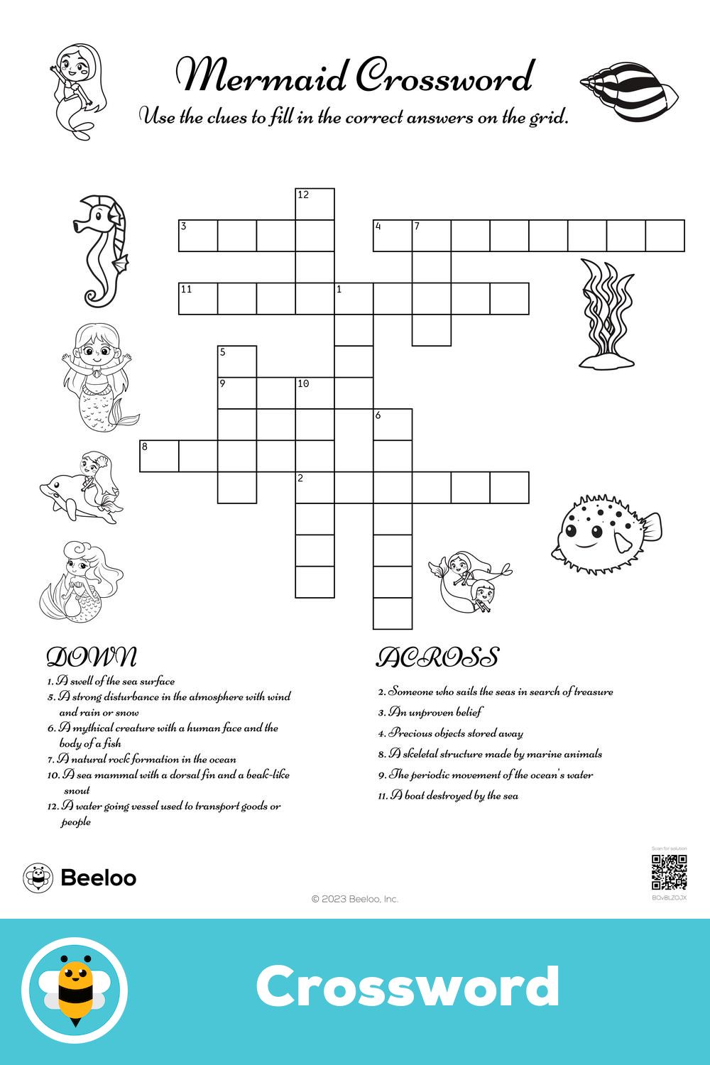 Mermaid crossword printable crafts crossword mermaid