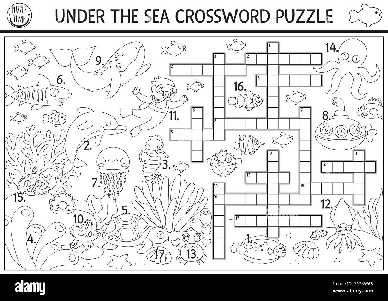 Vector black and white under the sea crossword puzzle for kids simple ocean life line quiz with marine landscape for children educational activity stock vector image art